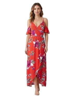 LA BANGA Resortwear Party Red Floral Cold Shoulder Flounce Sleeve Maxi Dress M